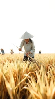 Farmer Harvesting Rice in a Golden Field photo