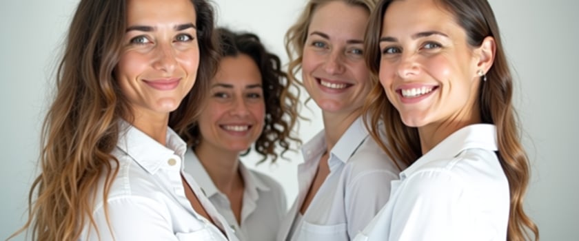 Four smiling women in white shirts photo