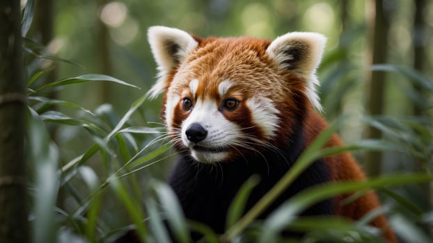 Inquisitive Red Panda Peering Through Lush Bamboo Foliage in Natural Habitat. photo