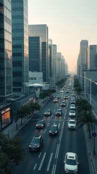Cityscape with cars driving on the road at sunset photo