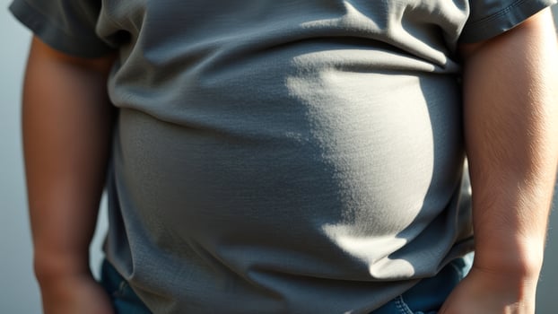 Close Up Of Man's Stomach In Grey T-Shirt photo