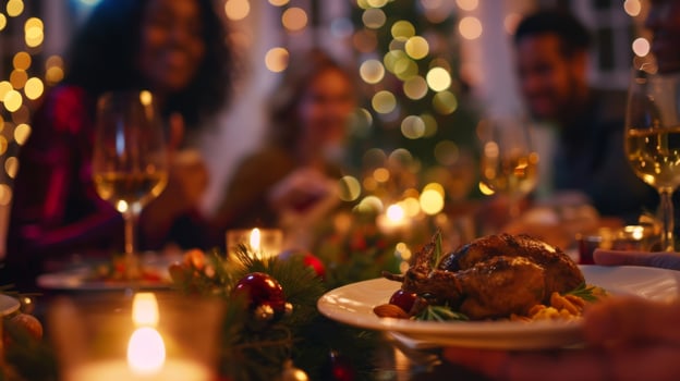 A defocused image of colleagues sharing a meal and lively conversation at a holiday party photo