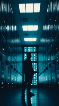 Silhouette of a Man Walking Through a Server Room photo