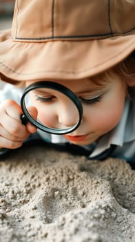 Curious child exploring the world with a magnifying glass photo