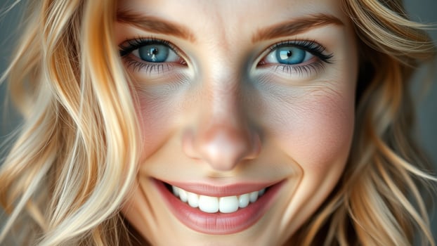 Close-up of a Woman's Smiling Face with Blue Eyes and Blonde Hair photo
