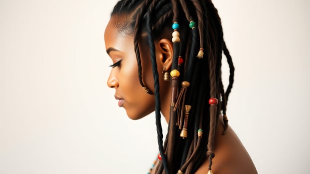 Woman with Colorful Beads in Dreadlocks photo