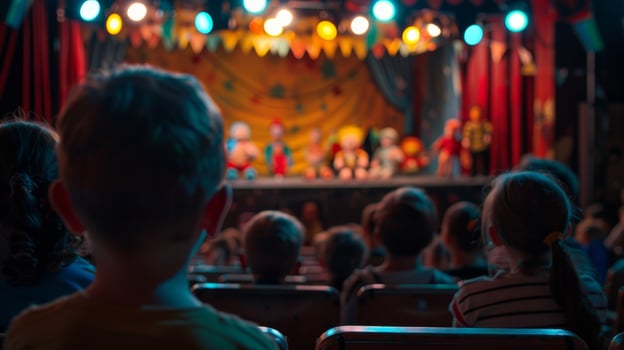 In the background a defocused puppet show mesmerizes a small audience photo