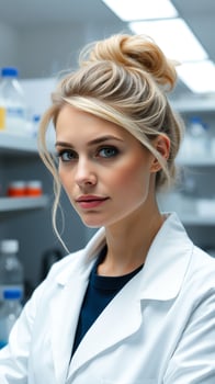 Young female scientist looking intently at the camera photo