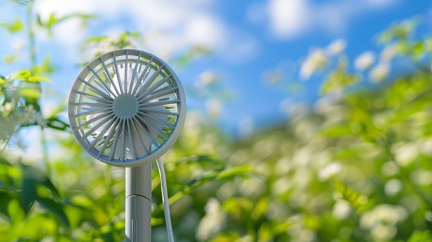 A portable solarpowered fan great for cooling off on hot summer days photo