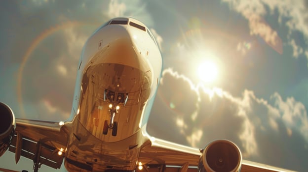 A shot of the plane in midair with the sun shining brightly behind it showcasing its ecofriendly mode of transportation photo