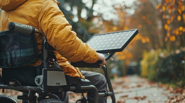 A person using a solar charger to power their electric wheelchair during a power outage in their neighborhood photo