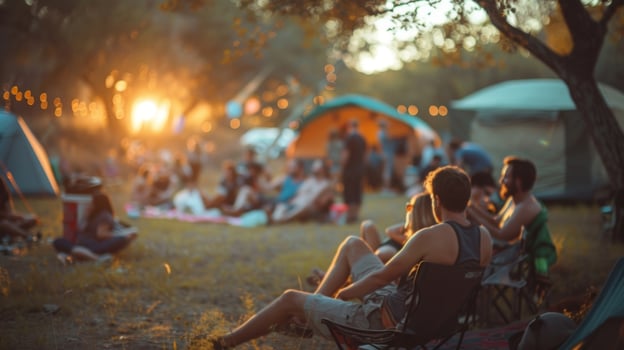 A hazy scene of campers enjoying the music and outdoor festivities photo