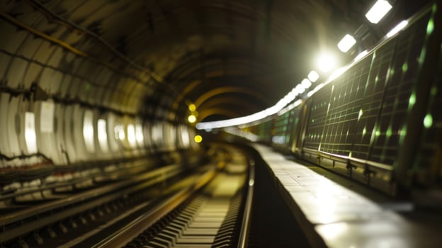 A train traveling through a dark tunnel but powered by the solar panels on its roof photo