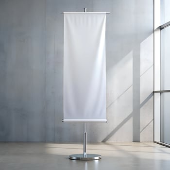 Banner flag stand mockup. Blank clear vertical white poster with space for logo or text near window with light grey rustic wall background in empty room photo