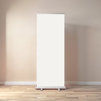 Rollup banners stand mockup. Blank clear white rollup poster with space for logo or text on wooden floor with light beige wall in empty room photo