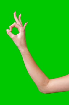 Close Up of a Woman's Hand Making the Okay Sign Against a Green Screen photo