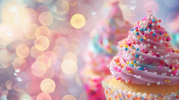 Pops of vibrant color from blurred frosting tubes and sprinkles photo