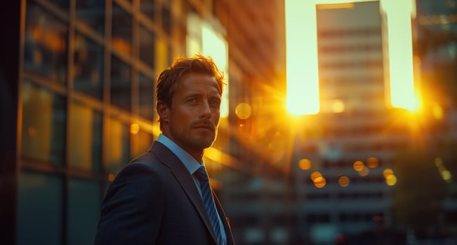 Confident businessman standing in city at sunset with lens flare, modern buildings in background, exuding ambition and determination photo
