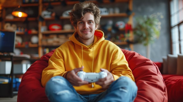 Happy young adult playing videogames at home, sitting on a comfortable red beanbag chair in his living room photo