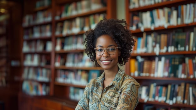 Joyful young woman exudes confidence and positivity while surrounded by books in a library photo