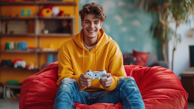 Young man sits in a beanbag chair in his living room, happily playing games photo