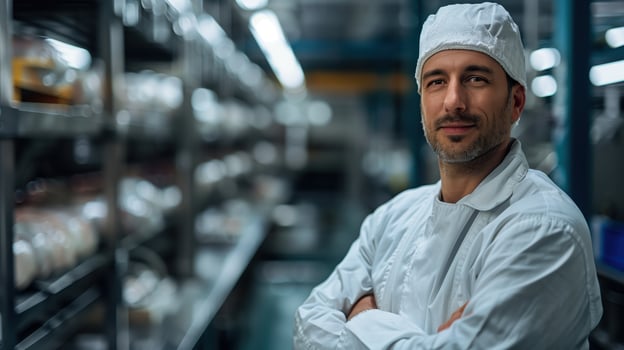 Smiling food factory worker in protective clothing posing with arms crossed in a factory facility photo