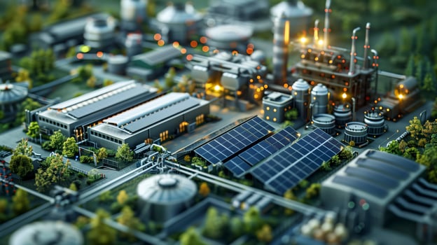 Lush vegetation and solar panels surround small industrial buildings, generating renewable energy photo