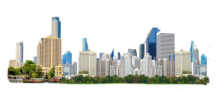 Modern Urban Skyline Isolated on White Background with Skyscrapers and Greenery photo