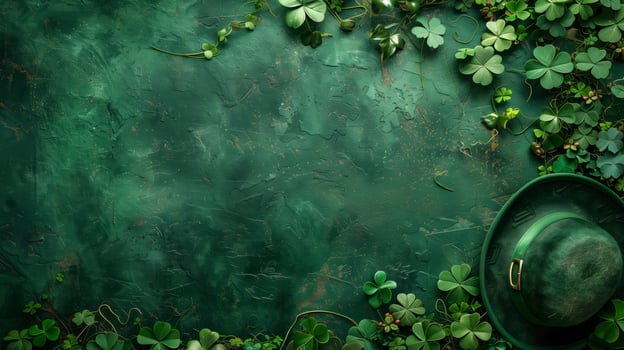 St. Patrick's day scene with a green leprechaun hat on an emerald background and framed by shamrocks photo