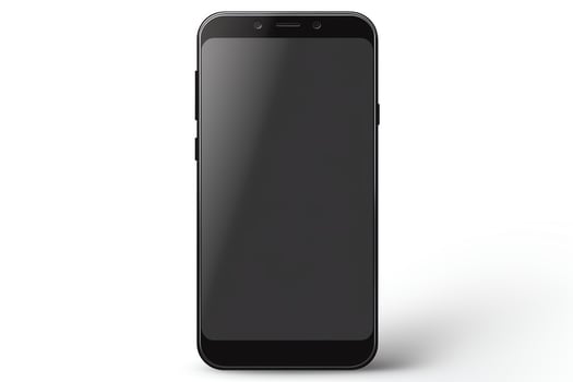 Latest model smartphone, sleek black design, displayed frontally, isolated on a white background, format, suitable for tech reviews. photo