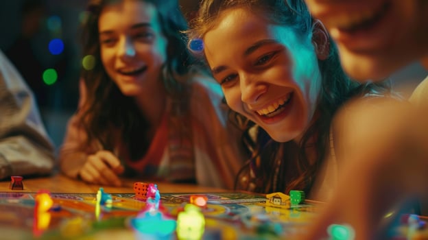 Blurry glimpses of players facial expressions ranging from intense focus to joyful celebration as they play their favorite board games photo