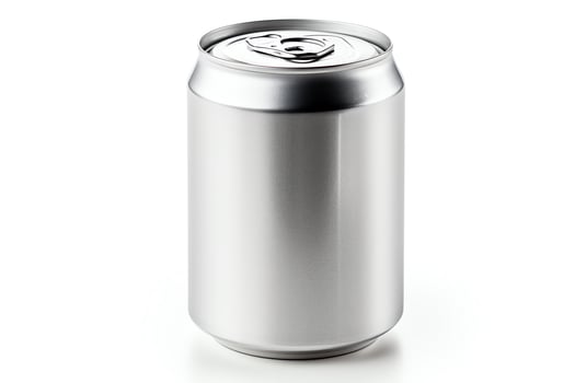 A sleek silver aluminum can of soda or beer with a pull tab. The can is isolated on a white background. photo