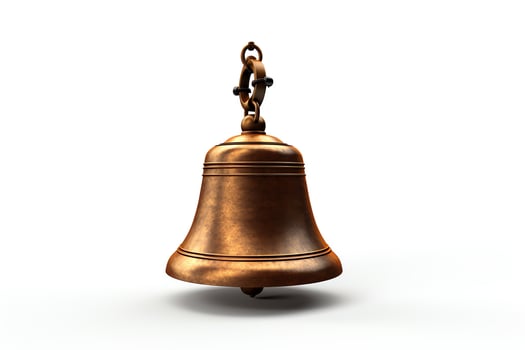 Create a 3D rendering of a bronze bell with a shiny surface. The bell should be hanging from a chain and have a realistic appearance. photo