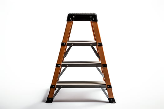 A three-step ladder made of fiberglass. It is orange and black in color. The ladder is lightweight and easy to carry. It is perfect for use around the house or on the job. photo