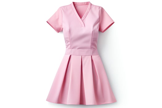 Design a fashionable, comfortable dress appropriate for a professional setting. The dress should be pink, have short sleeves, and a pleated skirt. photo