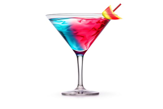Create a photorealistic image of a blue and red cocktail in a martini glass. The glass should be sitting on a white background. The cocktail should be garnished with a lime wedge. photo