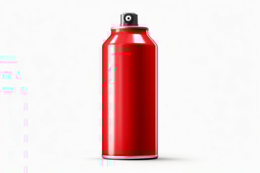 A photo of a red spray can on a white background.