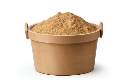 Generate an image of a wooden bucket filled with brown sand isolated on a white background photo