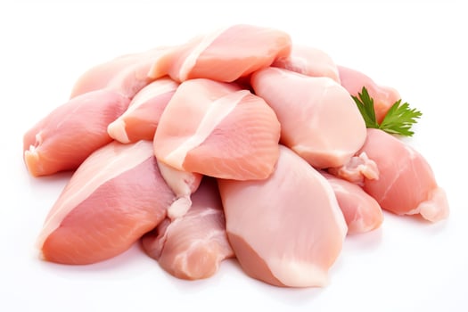 A pile of boneless, skinless chicken breasts on a white background. photo