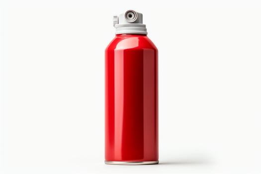 Product photography of a red aerosol spray can on a white background. The can is slightly angled to the right and the nozzle is facing upwards. photo