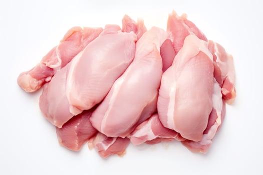 A pile of boneless, skinless chicken breasts on a white background. photo