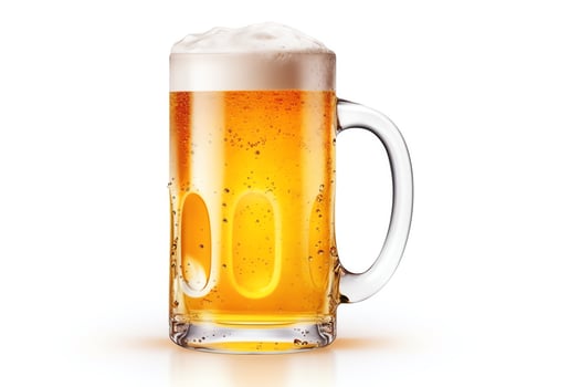 A photo of a mug of beer with a white background.