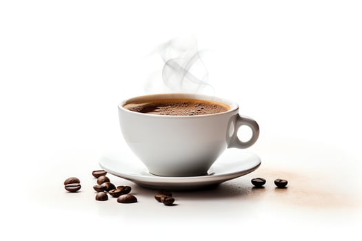 A cup of coffee on a white background. The coffee is steaming and there are coffee beans scattered around the cup. photo