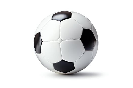A black and white soccer ball sits on a white background. The ball is perfectly round and has a smooth surface. The ball is inflated and ready to be played with. photo