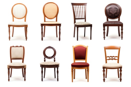 Collection of dining chairs in various styles, from modern to classic, all in highquality format, isolated on white, suitable for dining room layouts and furniture catalogs photo