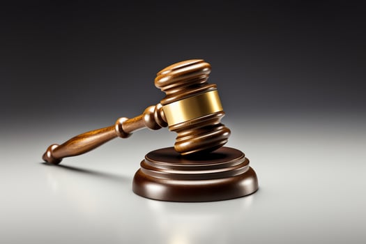 A wooden judge's gavel resting on a sound block. The gavel has a gold band around the middle. photo
