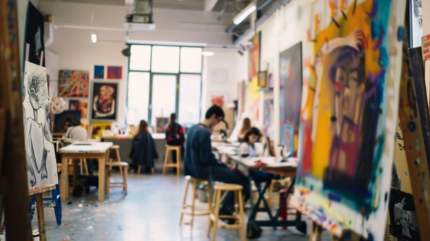 Blurry vision of a room filled with young artists each of them lost in their own creative process photo