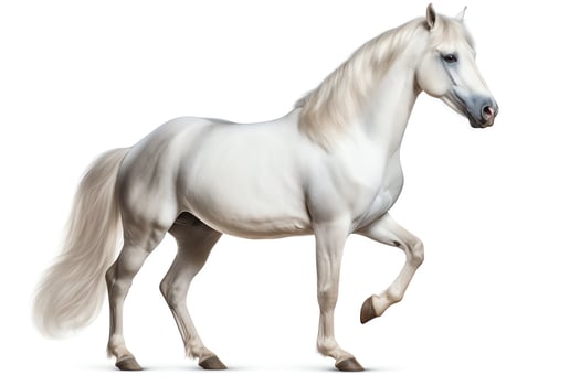 A beautiful white horse with a long flowing mane and tail is standing sideways, looking at the viewer photo