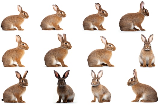A grid of ten different rabbits, all the same breed and color, sitting in various poses against a white background. photo
