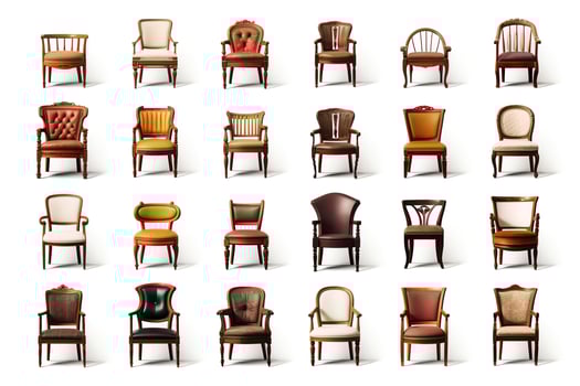 Collection of dining chairs in various styles, from modern to classic, all in highquality format, isolated on white, suitable for dining room layouts and furniture catalogs photo